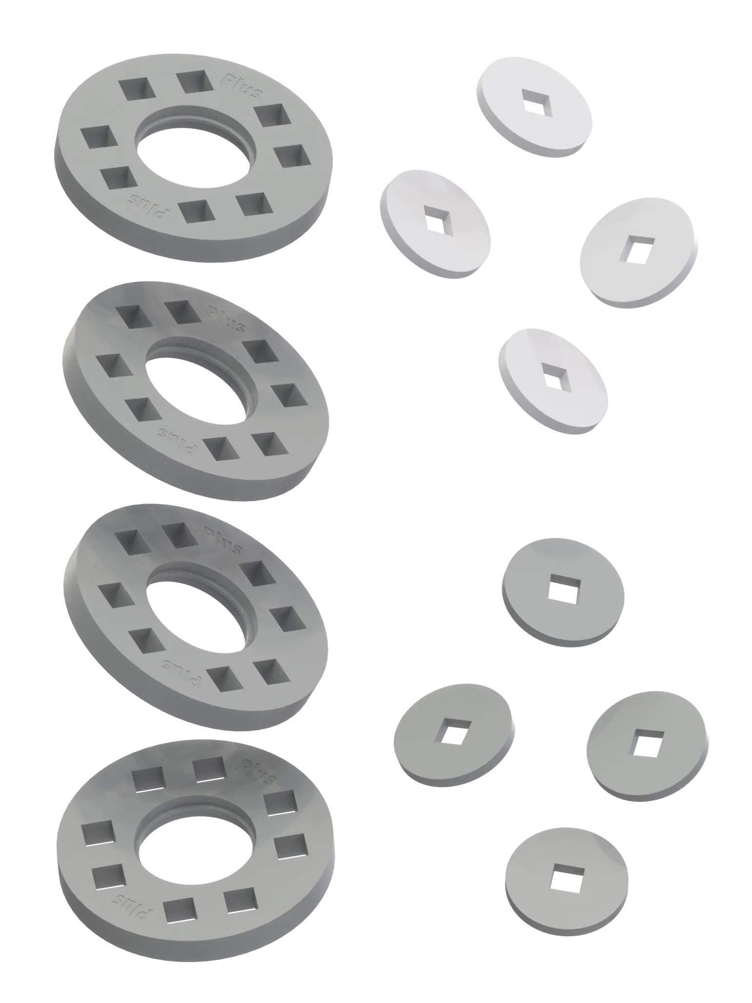 Wheels – 4 Grey wheels with 4 white and 4 grey hubs